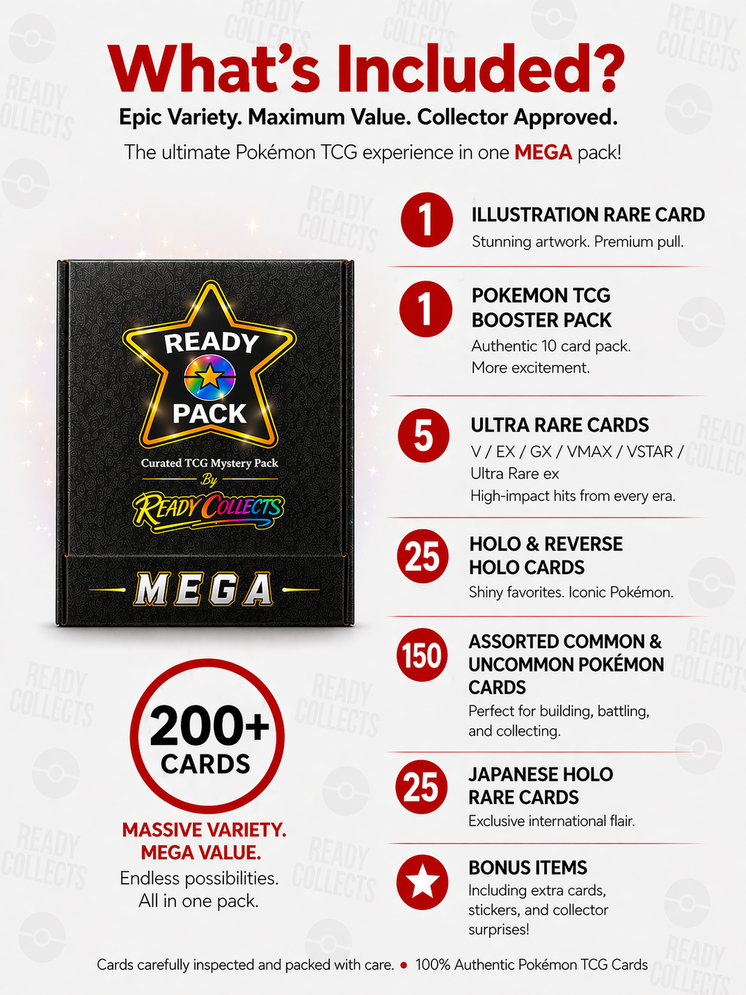 READY PACK MEGA 200+ Pokémon Trading Card Bundle – 1 Illustration Rare Card Guaranteed – 5 Ultra Rare Cards – 50 Holo & Reverse Holos - 1 Booster Pack Included