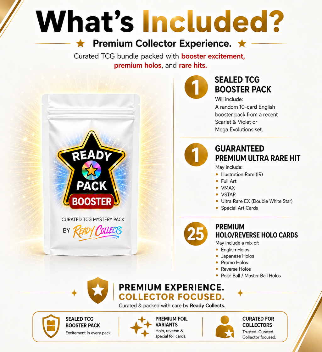 Ready Pack Booster - 1 Pokemon TCG Booster Pack + 1 High-Tier Ultra Rare Card + 25 Holo Cards | Premium Collector Pack by Ready Collects