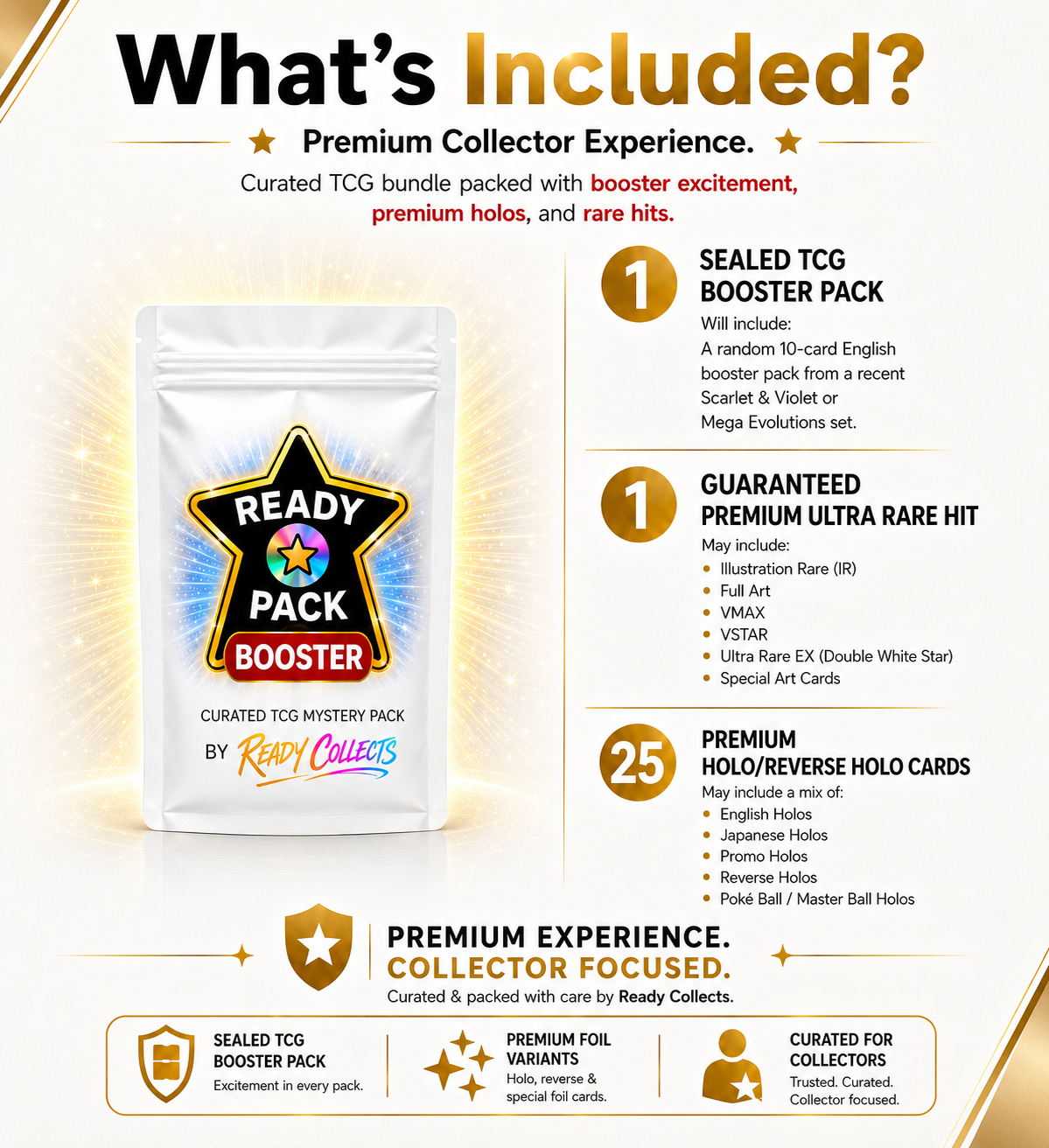 Ready Pack Booster - Pokemon TCG Booster Pack + High-Tier Ultra Rare Card + 25 Holo Cards | Premium Collector Pack by Ready Collects
