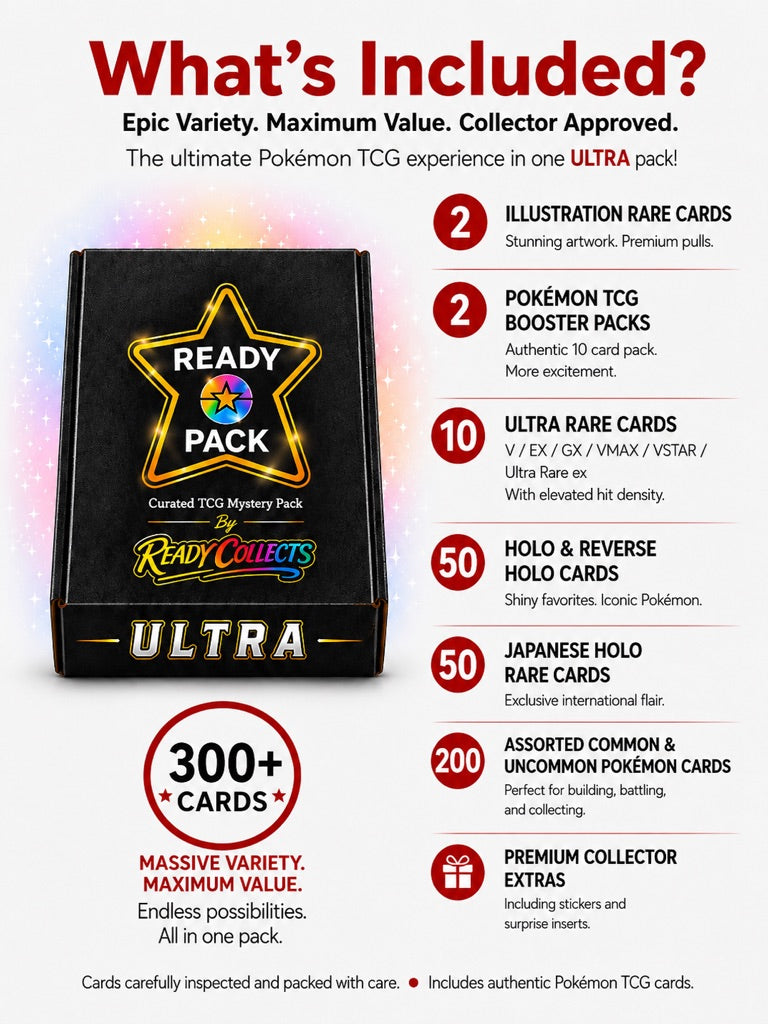 READY PACK ULTRA - 300+ Pokémon Card Bundle – 2 Illustration Rare Guaranteed – 10 Ultra Rare Cards – 100 Holo & Reverse Holos – 2 Booster Packs