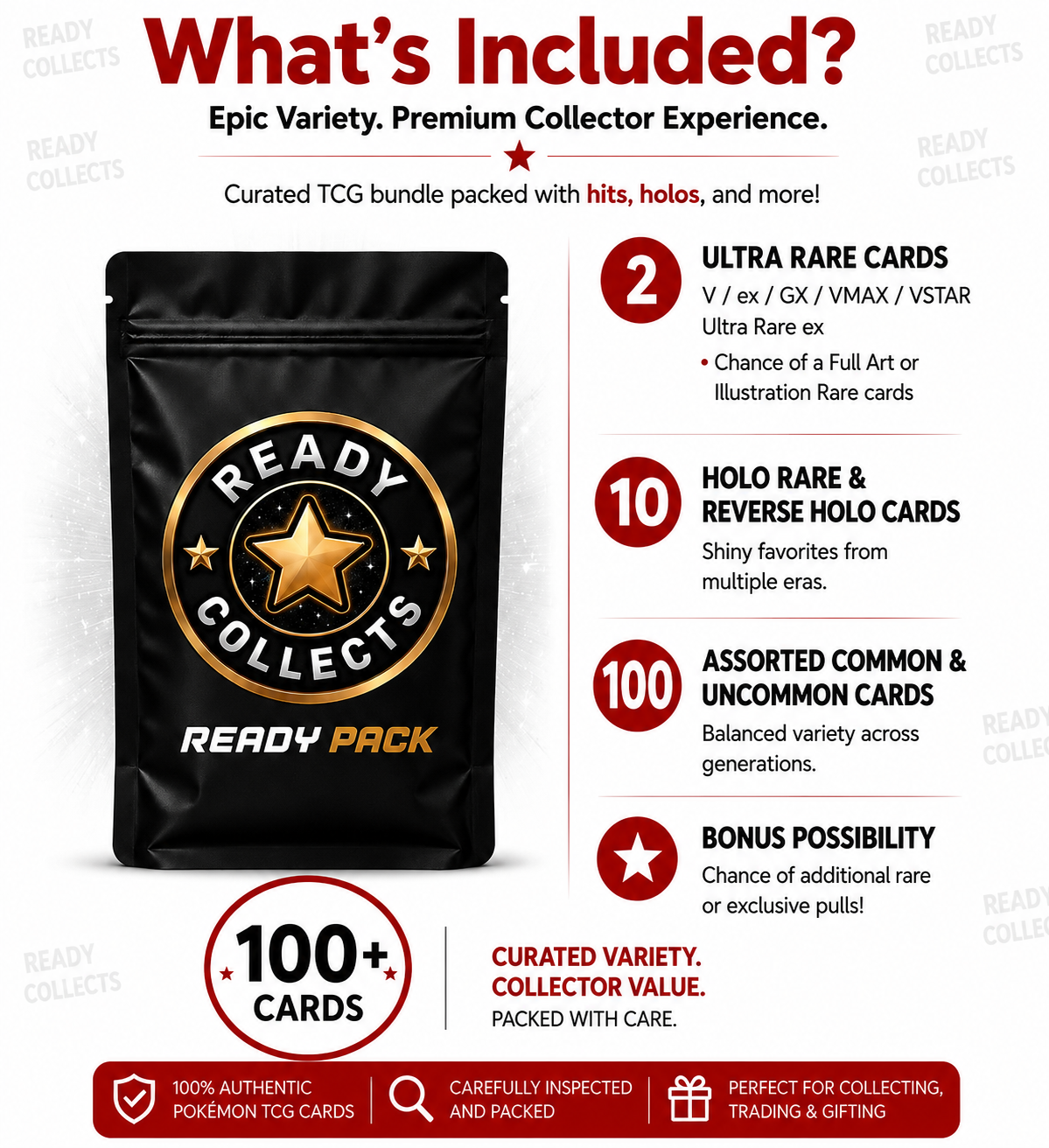 READY PACK - Pokemon TCG Bundle | 100 Cards + 2 Ultra Rare Cards: Vstar, Vmax, V, GX, EX or Full Art + 10 Holos