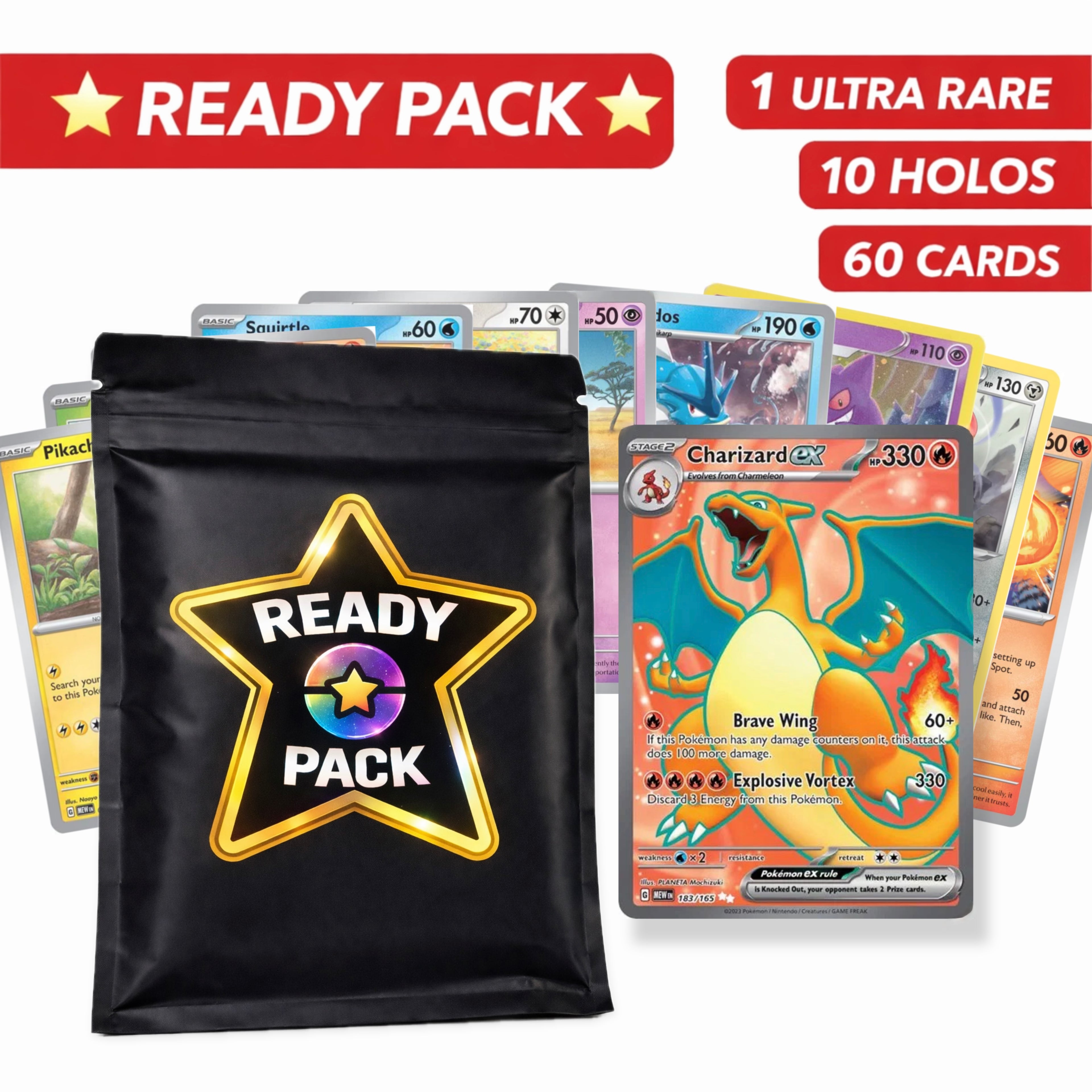 READY PACK - 60 Pokémon Card Pack Bundle - 10 Holos + 1 Ultra Rare Card Guaranteed