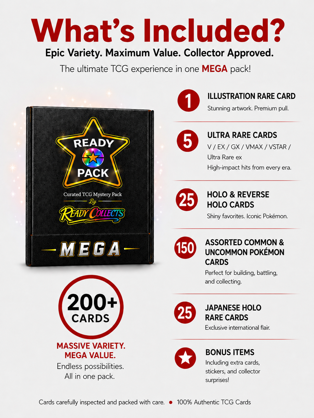 READY PACK MEGA 200+ Pokémon Trading Card Bundle – 1 Illustration Rare Card Guaranteed – 5 Ultra Rare Cards – 50 Holo & Reverse Holos