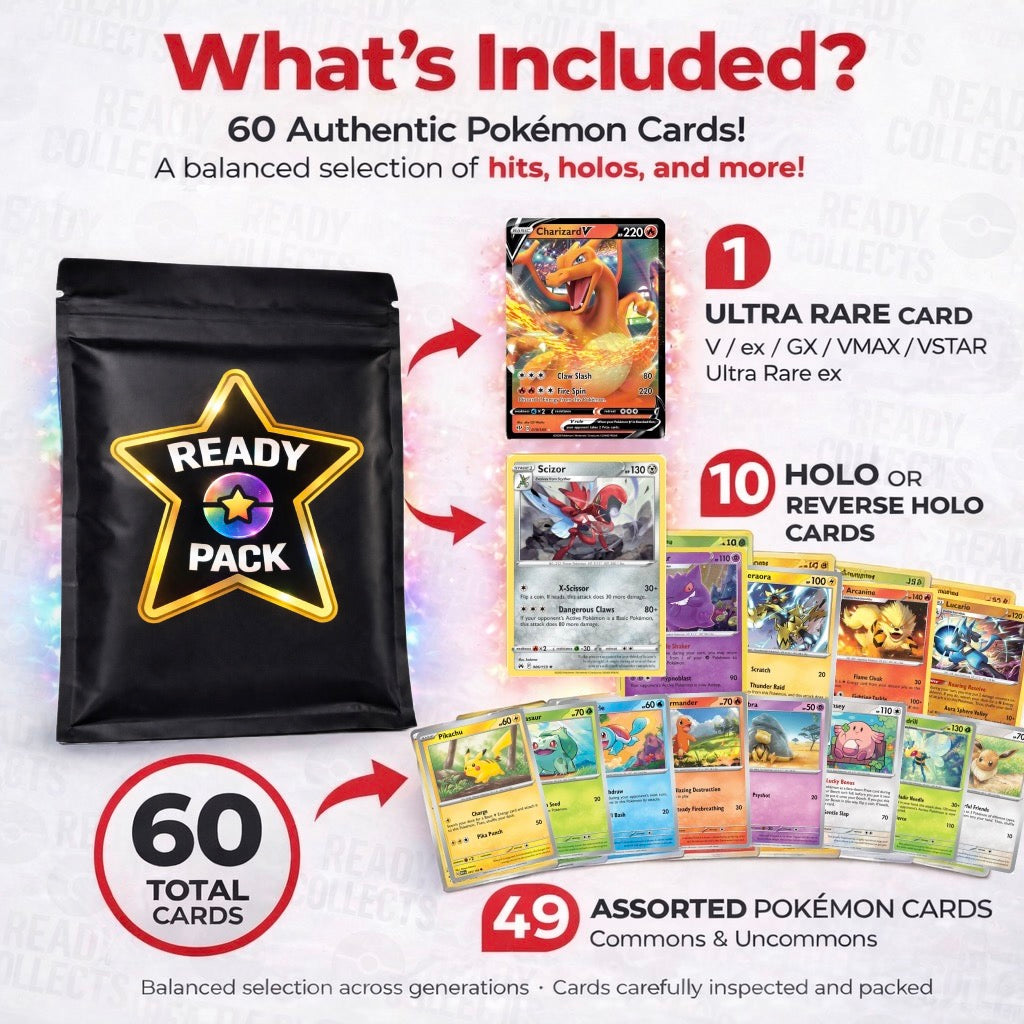 READY PACK - 60 Pokémon Card Pack Bundle - 10 Holos + 1 Ultra Rare Card Guaranteed