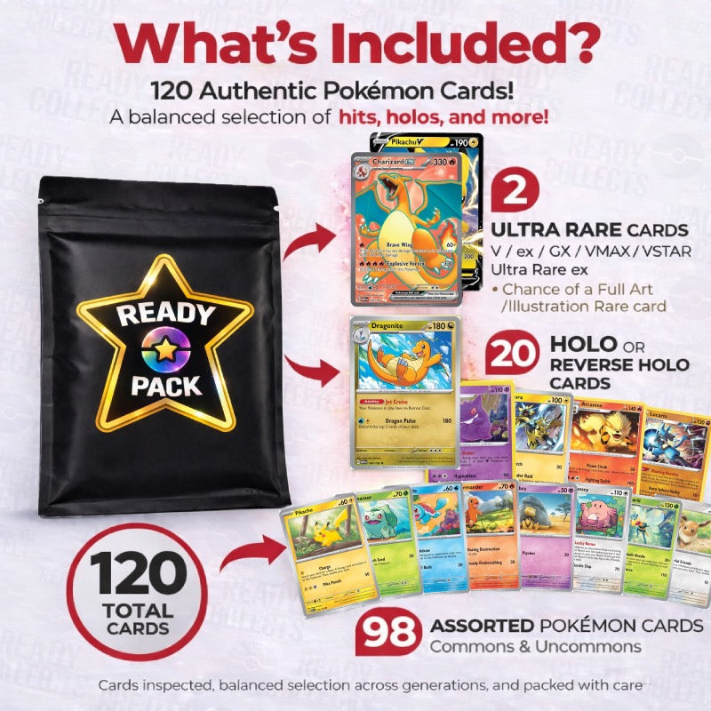 READY PACK PLUS -  120 Pokémon Card Pack Bundle - 20 Holos + 2 Ultra Rare Cards Guaranteed